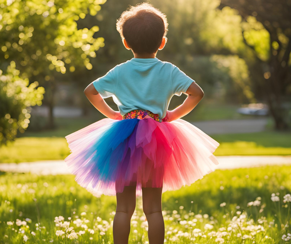 KI generiertes Bild, Junge von hinten in farbigem Tutu